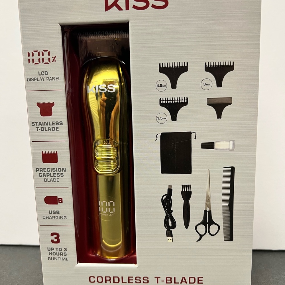 KISS Cordless T-Blade Beard Trimmer & Hair Trimmer, Rechargeable USB Power - NEW